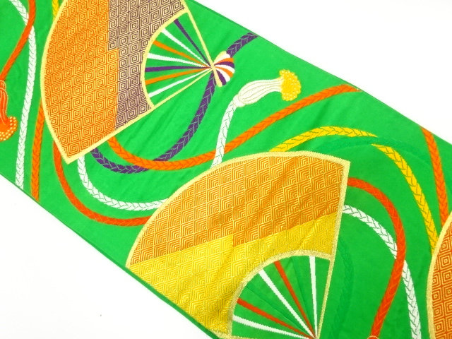 JAPANESE KIMONO / ANTIQUE FUKURO OBI / SILK / WOVEN FAN & KUMIHIMO CORD PATTERN